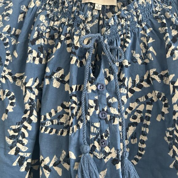 Jones New York Geometric Blue Peasant Boho Blouse Puff Sleeve Size Small - Picture 4 of 9